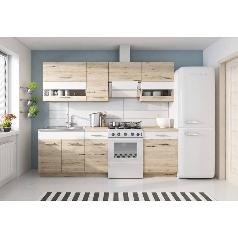 cuisine complète 240 cm bois/blanc marbella rangements meubles bas et hauts armoires plan de travail étagères