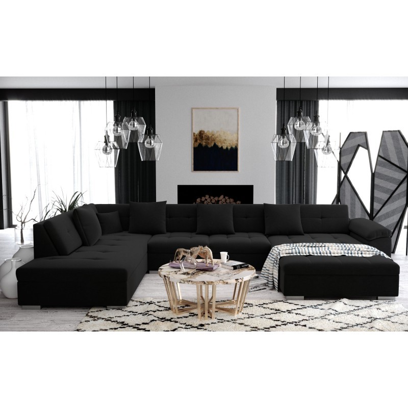 grand canapé d'angle panoramique ATIS de couleur noire 6-8 place