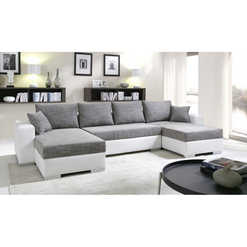canapé panoramique lit gris blanc avec double méridienne tissu maillé gris chiné