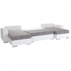 canapé réversible gris panoramique convertible en lit tissu maillé gris chiné simili blanc 5 places