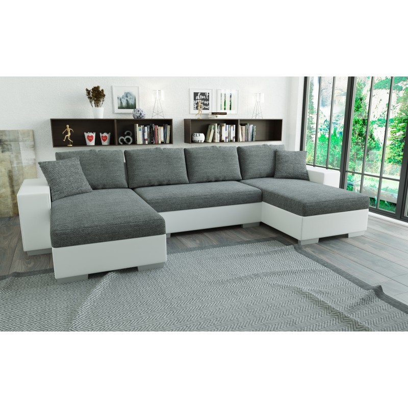 canapé panoramique en U convertible en lit blanc/gris clair en tissu/simili 5 places lian canapé panoramique en U convertible en lit blanc/gris clair en tissu/simili 5 places lian