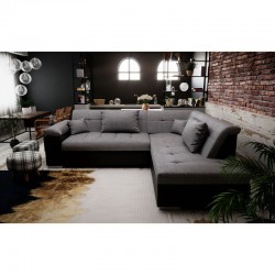 canapé d'angle convertible design 5 places pour petits espaces en tissu gris simili cuir noir PEYTON